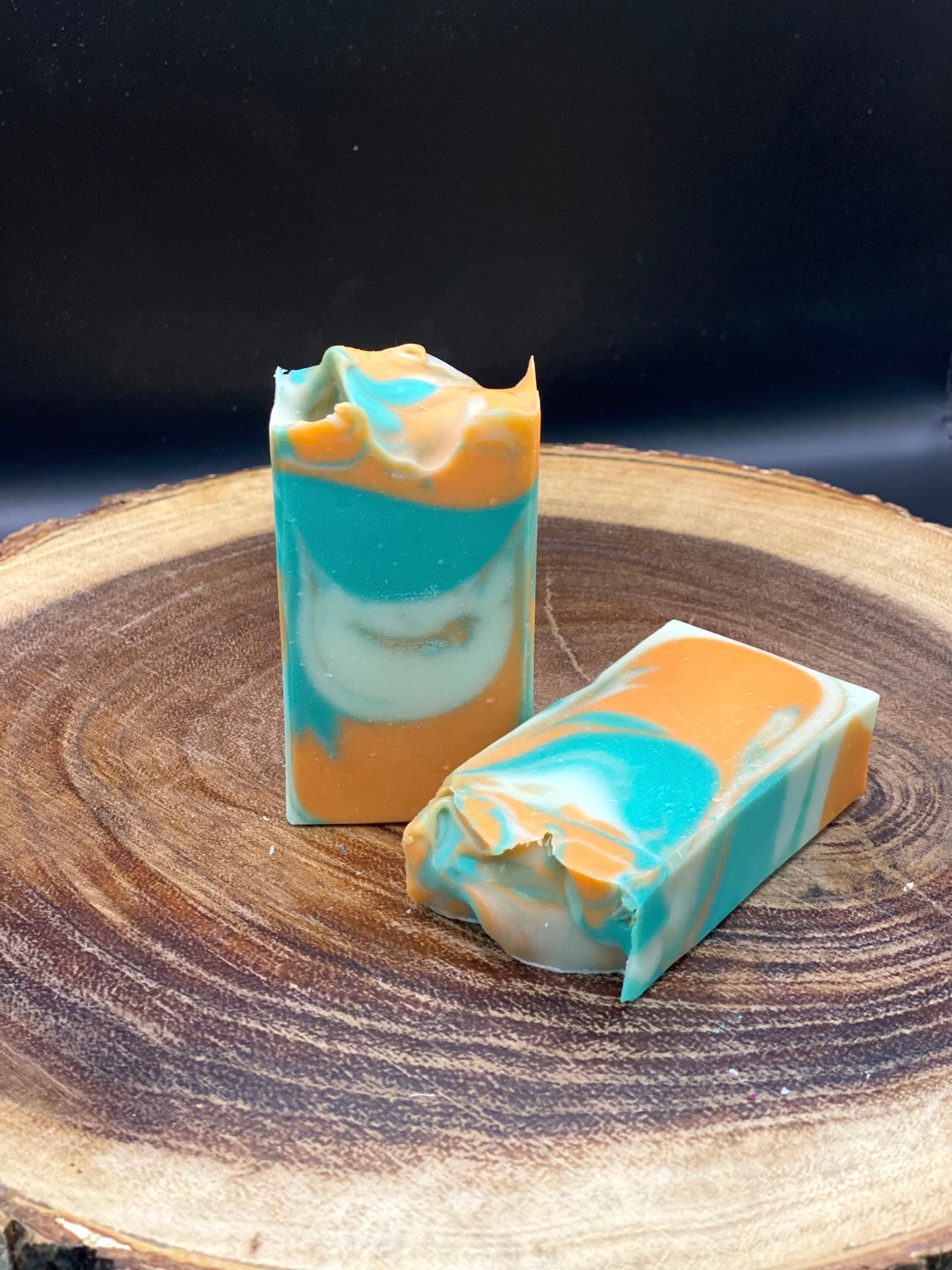 Organic Handmade Cold Process Soap. Colored with Green, Orange and Tan designs.